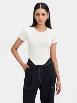 Virgio - Solid Cotton Stretch White Knitted Half Sleeves Corset Crop T-Shirt Top