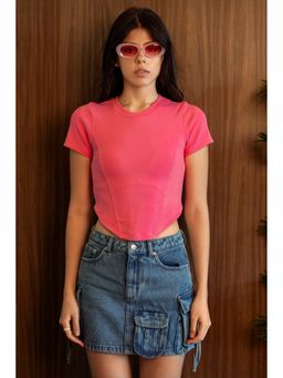 Virgio - Solid Cotton Stretch Pink Knitted Half Sleeves Corset Crop T-Shirt Top