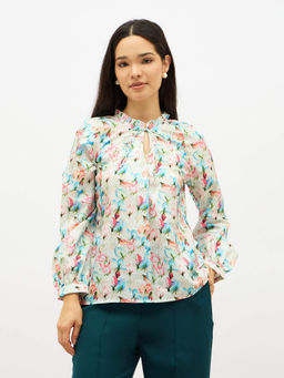 SALT Attire - Women Multi-Color Polyester Tie Up Neck Floral Top