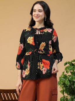 Oxolloxo - Women Black Floral Print Round Neck Tie-Up Detail Long Sleeve Shrug