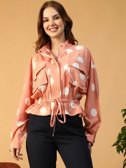 Oxolloxo - Women Light Pink Polka Dot Print High Neck Tie-Up Detail Bomber Jacket