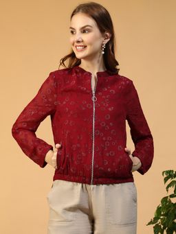 Oxolloxo - Women Maroon Round Neck Flower Motif Lace Fabric Long Sleeve Bomber Jacket