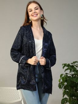 Oxolloxo - Women Navy Blue Notched Collar Long Sleeve Jacquard Blazer Jacket