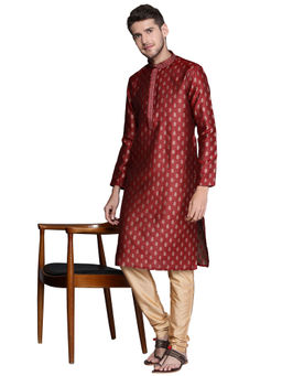 Manyavar - Maroon Art Silk All Over Self Design Kurta Pencil Pyjama Set (Set of 2)