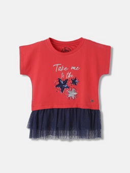 Blue Giraffe - Girls Red Embellished Round Neck Full Sleeves Top