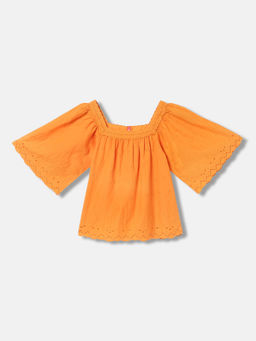 Blue Giraffe - Girls Orange Embroidered Square Neck Short Sleeves Top