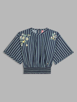 Blue Giraffe - Girls Blue Striped Round Neck Short Sleeves Top