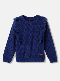 Blue Giraffe - Girls Blue Self-Design Round Neck Full Sleeves Top