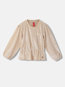 Blue Giraffe - Girls Cream Self-Design Round Neck Full Sleeves Top