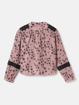 Blue Giraffe - Girls Pink Floral High Neck Full Sleeves Top