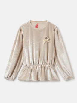 Blue Giraffe - Girls Cream Striped Round Neck Full Sleeves Top