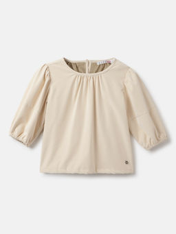 ELLE - Girls Cream Solid Round Neck Short Sleeves Top