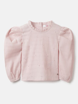 ELLE - Girls Pink Embellished Ruffle Neck Full Sleeves Top