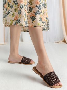 Carlton London - Women Brown Woven Open-Toe Slide Flats
