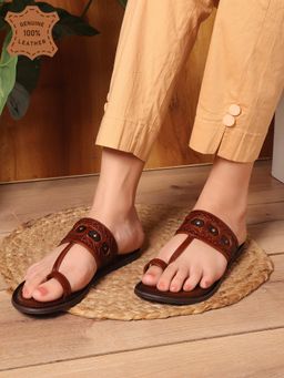 Carlton London - Women Brown Woven and Studded Toe-Ring Flat