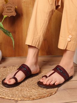 Carlton London - Women Maroon Woven and Studded Toe-Ring Flat