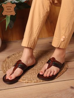 Carlton London - Women Brown Woven and Studded T-Strap Flats