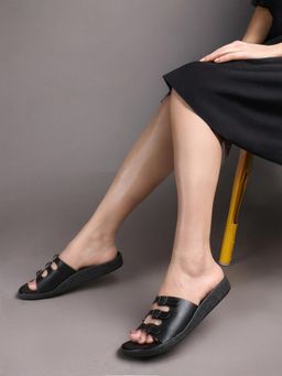 Carlton London - Women Black Triple Buckle Comfort Sandals