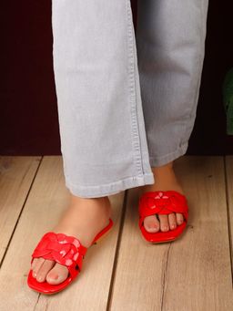 ELLE - Women Red Braided Strap Square-Toe Flats