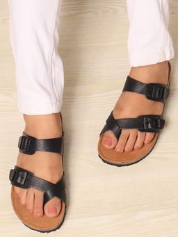 ELLE - Women Black Ergonomic Toe-Loop Buckle Sandals
