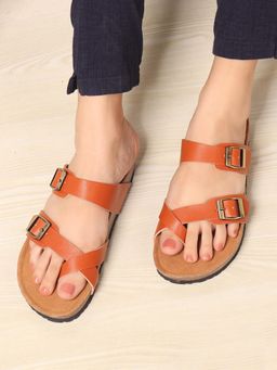 ELLE - Women Tan Ergonomic Toe-Loop Buckle Sandals