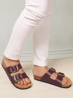 ELLE - Women Wine Classic Buckle Slide Sandals