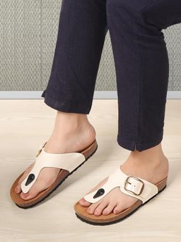 ELLE - Women White Elegant Buckle T-Strap Flat