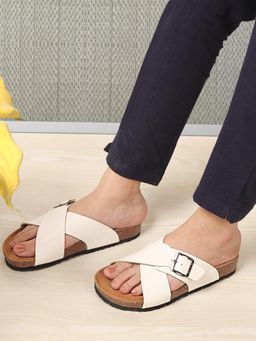 ELLE - Women White Crossover Comfort Slide Sandals