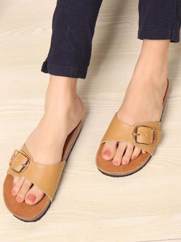 ELLE - Women Khaki Bold Buckle Comfort Slide Sandals