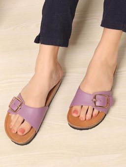ELLE - Women Purple Bold Buckle Comfort Slide Sandals