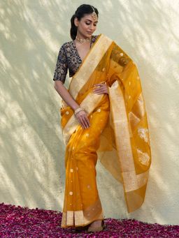 WeaverStory - Handloom Mustard Kadhwa Organza Banarasi Saree Kadhwa Zari Booti with Unstitched Blouse