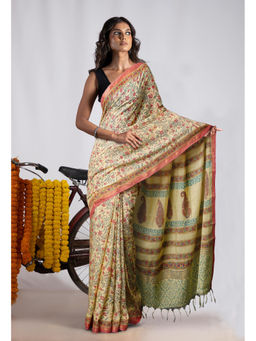 Unnati Silks - Yellow Pure Pashmina Block Printed Chanderi Soft Silk Saree with Unstitched Blouse