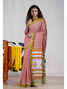 Unnati Silks - Pink Pure Pashmina Block Printed Chanderi Soft Silk Saree with Unstitched Blouse