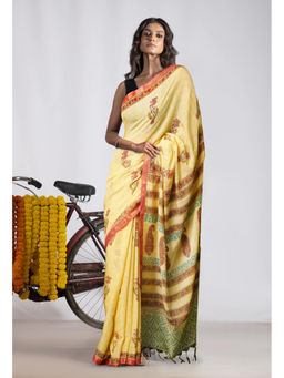Unnati Silks - Yellow Pure Pashmina Block Printed Chanderi Soft Silk Saree with Unstitched Blouse