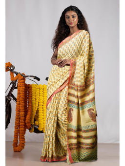 Unnati Silks - Yellow Pure Pashmina Block Printed Chanderi Soft Silk Saree with Unstitched Blouse