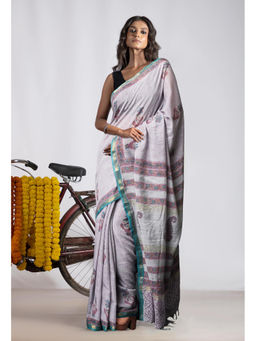 Unnati Silks - Grey Pure Pashmina Block Printed Chanderi Soft Silk Saree with Unstitched Blouse