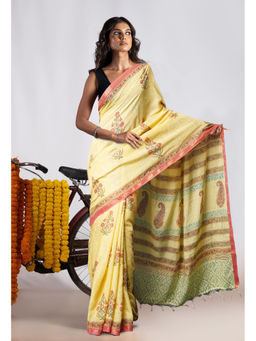 Unnati Silks - Yellow Pure Pashmina Block Printed Chanderi Soft Silk Saree with Unstitched Blouse