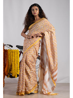 Unnati Silks - Yellow & White Block Printed Chanderi Soft Silk Saree with Unstitched Blouse