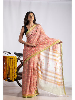 Unnati Silks - Coral Pure Pashmina Block Printed Chanderi Soft Silk Saree with Unstitched Blouse