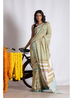Unnati Silks - Green Pure Pashmina Block Printed Chanderi Soft Silk Saree with Unstitched Blouse