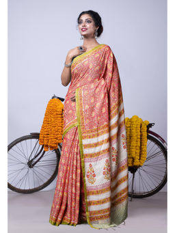 Unnati Silks - Pink Pure Pashmina Block Printed Chanderi Soft Silk Saree with Unstitched Blouse