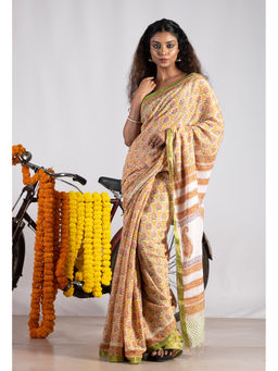 Unnati Silks - Yellow Pure Pashmina Block Printed Chanderi Soft Silk Saree with Unstitched Blouse