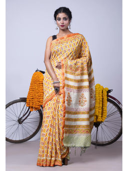 Unnati Silks - Yellow Pure Pashmina Block Printed Chanderi Soft Silk Saree with Unstitched Blouse