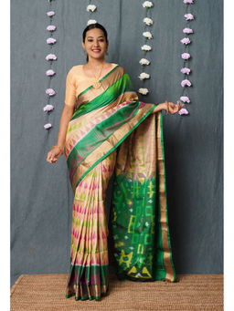 Unnati Silks - Cream Pure Handloom Ikat Pochampally Pattu Silk Saree with Unstitched Blouse