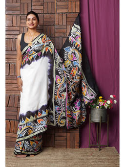 Unnati Silks - White & Black Pure Handloom Printed Murshidabad Silk Saree with Unstitched Blouse