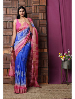 Unnati Silks - Dark Blue Pure Block Printed Pashmina Silk Saree with Unstitched Blouse