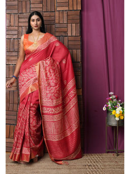 Unnati Silks - Red Pure Block Printed Pashmina Silk Saree with Unstitched Blouse