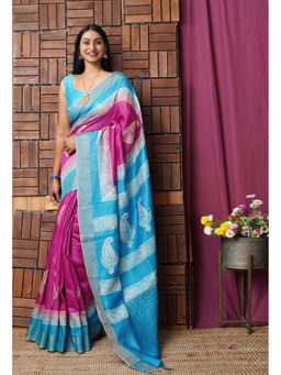 Unnati Silks - Pink Pure Block Printed Pashmina Silk Saree with Unstitched Blouse