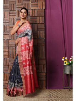 Unnati Silks - Black Pure Block Printed Pashmina Silk Saree with Unstitched Blouse