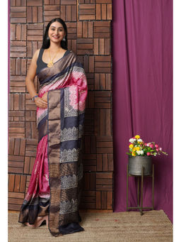 Unnati Silks - Pink Pure Handloom Block Printed Bengal Tussar Silk Saree with Unstitched Blouse